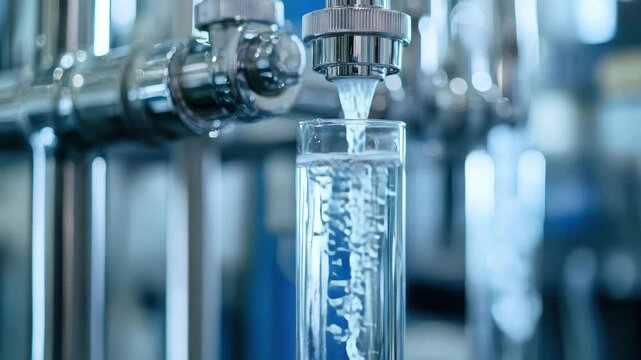 Industrial water purification system with stainless steel pipe and clean liquid flowing into transparent glass tube laboratory, highlighting advanced filtration technology, modern factory environment