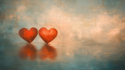 Fototapeta premium Two Red Hearts Reflecting on Calm Water Abstract Painting