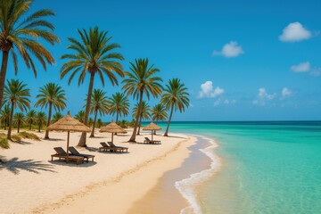 Obraz premium White Sand Tropical Beach with Palm Trees and Blue Sea. Idyllic beach with clear turquoise waters and palms — ideal for honeymoon brochures, summer travel ads, or Tropical Fridays