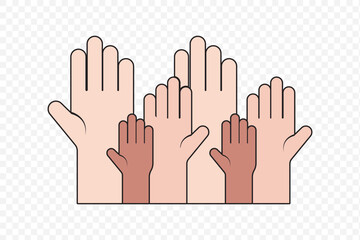 Obraz premium Multicolored hands raised up. The concept of friendship, peace, equality, racial diversity, inclusivity. Teamwork concept. Vector clipart. EPS 10.