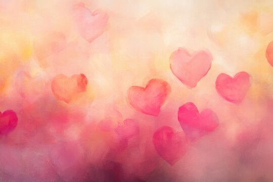 Watercolor Hearts Background Romantic Pink Red Orange Pastel Colors Abstract Painting