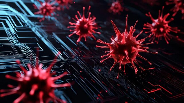 Red virus particles float above digital circuit board, symbolizing cyber threat, computer virus infection, and malware futuristic high tech environment, with glowing lines and abstract technology