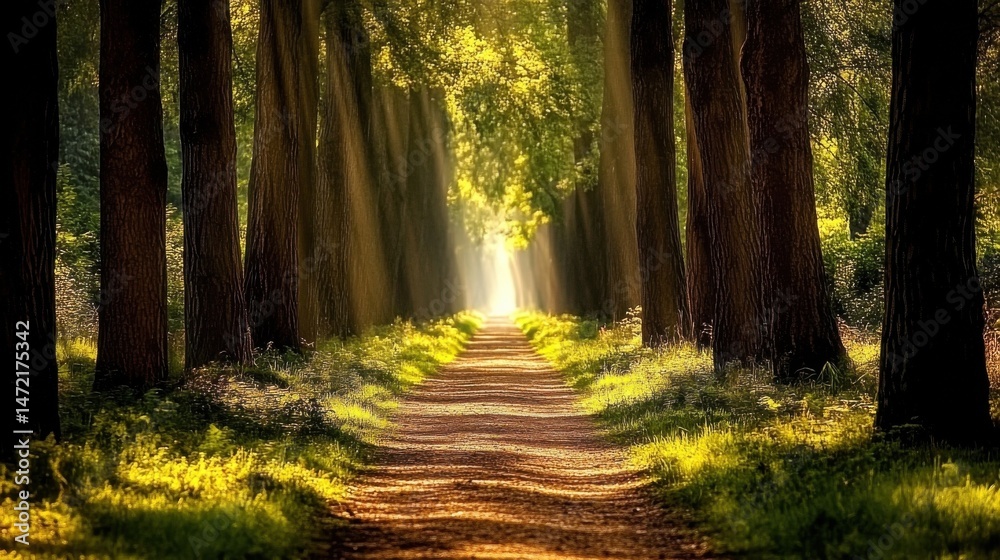 Aufkleber sunlit path through a majestic avenue of tall trees, creating a serene and peaceful atmosphere in a 