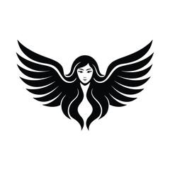 Beautiful winged woman logo design in monochrome style symbolizing freedom and elegance in vector form.