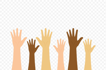 Multicolored hands raised up. The concept of friendship, peace, equality, racial diversity, inclusivity. Teamwork concept. Vector clipart. EPS 10.