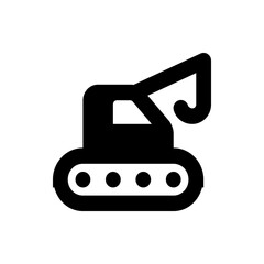 Illustration of a black construction vehicle with a crane arm and track wheels on a white background image