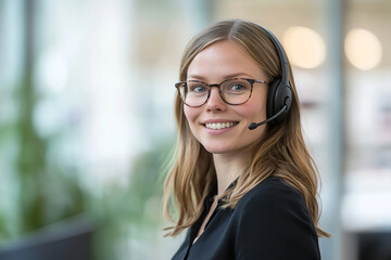 Close-up portrait of a smiling female customer service technician wearing a headset in an office setting