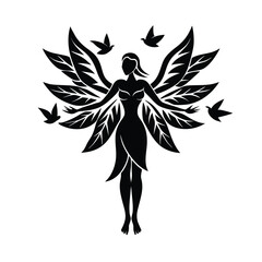 Elegant black silhouette depicting a fairy with leafy wings and soaring birds on white background