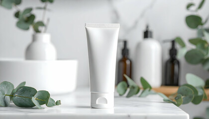 White cosmetic tube with eucalyptus for beauty and skincare product display