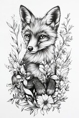 Obraz premium Intricate fox illustration surrounded by blossoms artistic nature