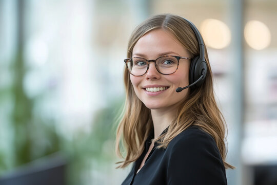 Close-up portrait of a smiling female customer service technician wearing a headset in an office setting