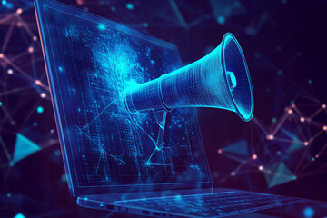 Digital blue vector megaphone on a laptop screen with glowing lines and dots, a technology concept for online marketing
