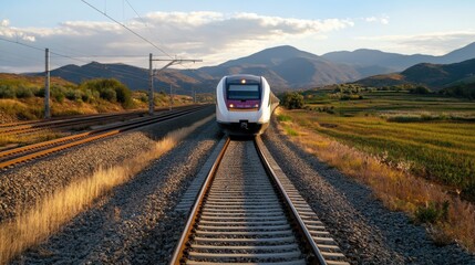 High-speed train traveling through rural landscape, mountains in background, sunlit golden hour scene. : Generative AI