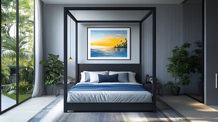 Modern bedroom with canopy bed and sunrise painting. Large window overlooking lush greenery.