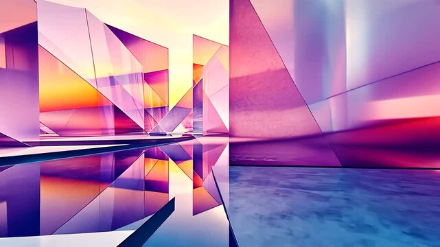 Geometric pastel structures reflect in glossy floors under a soft luminous sky, creating a futuristic, serene vista