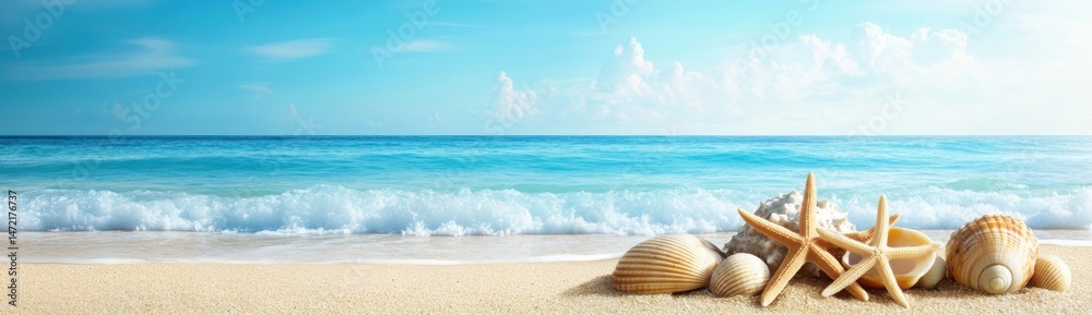 Poster seashells and starfish on a sandy beach with turquoise ocean waves under a bright summer sky. : gene