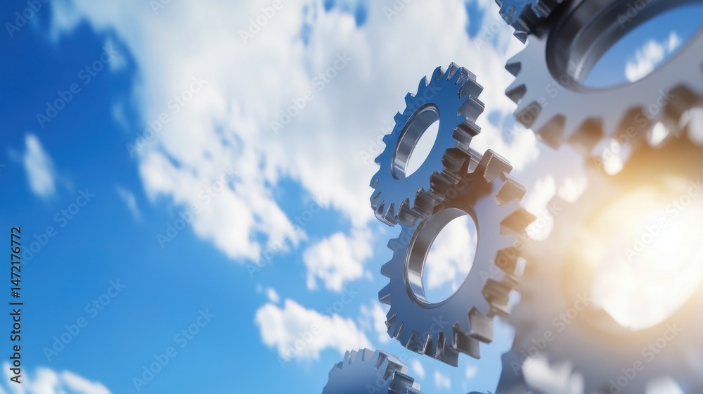 Poster interlocking metal gears against a bright blue sky with fluffy white clouds, symbolizing teamwork, c