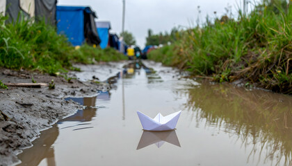 White paper boat floating in a muddy puddle on overcast day outdoors