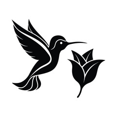 Elegant black and white silhouette of a hummingbird hovering near a flower ready to pollinate