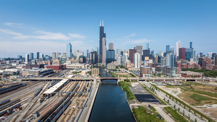 Aerial panoramic view of the Chicago City Skyline on a sunny day. August 29, 2024.