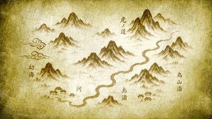 和風ファンタジー世界の手描き地図素材   © Pens'K