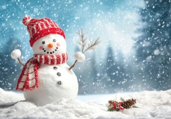 Cheerful snowman in red hat and scarf enjoys a snowy winter day, playfully holding a twig in a whimsical winter wonderland scene. : Generative AI
