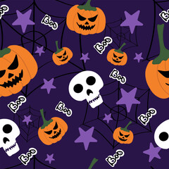 Halloween Seamless Pattern with Pumpkins, Skulls and Boo Text on Purple Background | Cute Spooky Vector Design