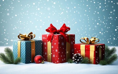 Three Christmas presents, wrapped in festive patterned paper, sit in the snow, adorned with ribbons and a pine branch.  A winter scene with falling snow.