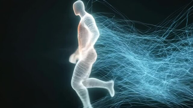 Futuristic digital wireframe human running with dynamic blue energy trails, technology motion visualization, abstract innovation progress, science fiction inspired energetic concept
