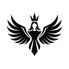 Elegant black and white illustration of a winged queen silhouette wearing a crown and ready to soar