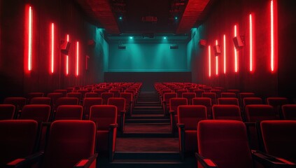 Empty movie theater, neon glow