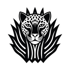 Striking black and white illustration of a graceful leopard head surrounded by decorative elements