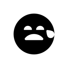 A black circle with a sad face featuring downturned mouth, two eyes, and a teardrop on the right side
