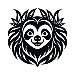 A smiling adorable cartoon sloth face in black and white with leafy details for design