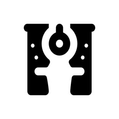 Abstract glyph of a white figure with a circular head and arms against a black background with dots