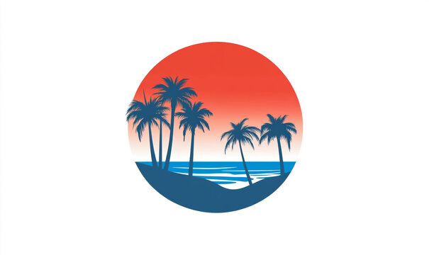 Simple vector illustration of the sunset on Long Beach, California. The scene features palm trees and a simple, flat design