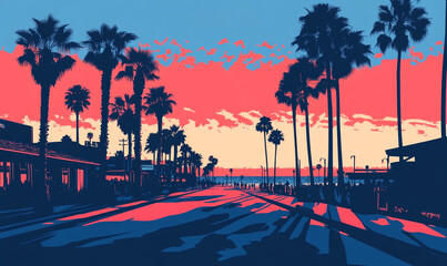 Simple vector illustration of the sunset on Long Beach, California. The scene features palm trees and a simple, flat design