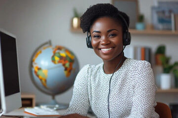Smiling woman in a headset sitting at a desk with a globe and computer, wearing a white polka dot blouse, working as a travel