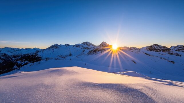 Majestic sunset over snow-capped alpine mountains, illuminating a pristine winter landscape with golden rays and long shadows. : Generative AI
