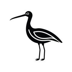 Elegant black and white silhouette of a curlew bird standing alone on white background ideal for designs