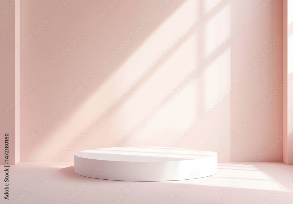 Aufkleber a minimalist scene features a white cylindrical pedestal in a blush pink room, bathed in soft sunlig
