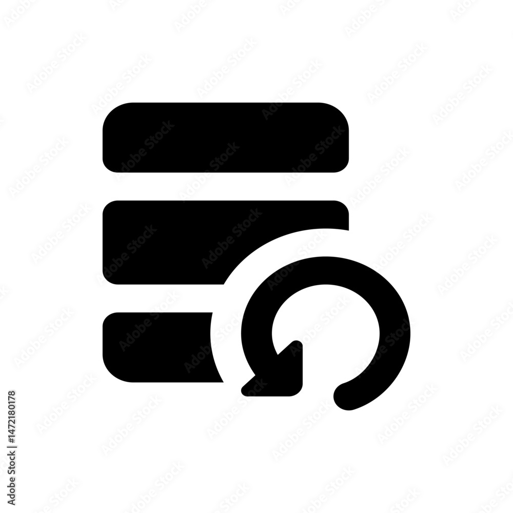 Poster black database stack icon with a circular arrow pointing down indicating a refresh or update process