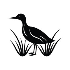 Simple black and white illustration of a wading bird standing in tall grass suitable for logos and design
