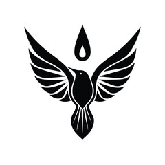 Symbolic black and white vector illustration of a dove with wings spread and a water drop element