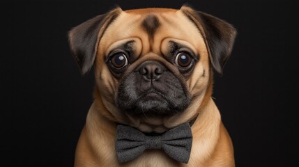 Obraz premium Pug with Bow Tie: A charming pug, adorned with a classic bow tie, stares into the camera with soulful eyes, captured against a black background.