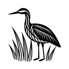 Fototapeta premium Elegant black and white illustration of a heron standing in a field of grass in minimalist style