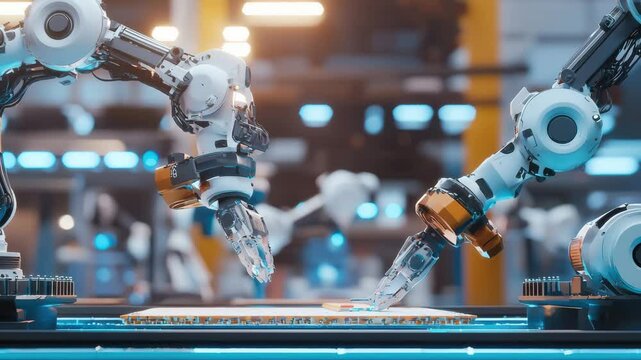 Robotic arm automation technology and artificial intelligence futuristic factory industry advanced manufacturing machine innovation, precision engineering, and modern automated production assembly