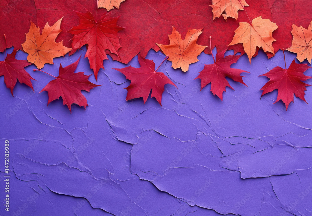 Poster autumnal maple leaves arranged on a textured purple and red background, creating a vibrant fall scen