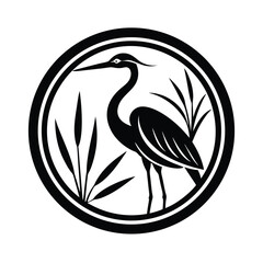 Elegant black and white illustration of a crane bird in a circular frame surrounded by reeds and decorative design