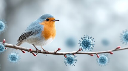 A blue and orange bird is perched on a branch with a blue